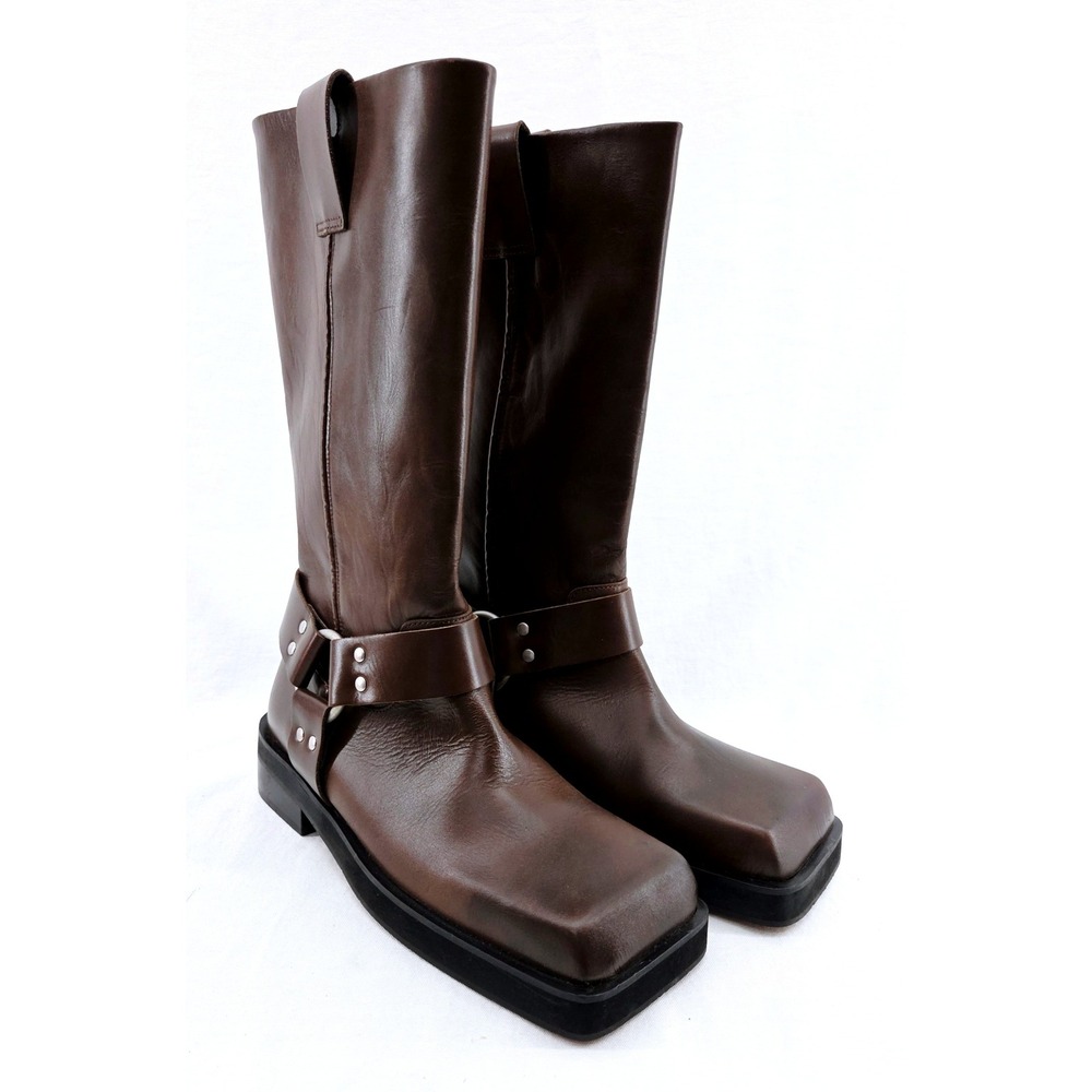 Topshop Ruby Premium Leather Biker Boot In Brown -‎ Size 8